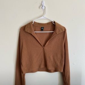 Light brown ribbed cropped collared long sleeve shirt